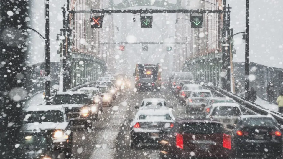 Rush hour traffic during a snowfall on Halifax's MacDonald Bridge.
