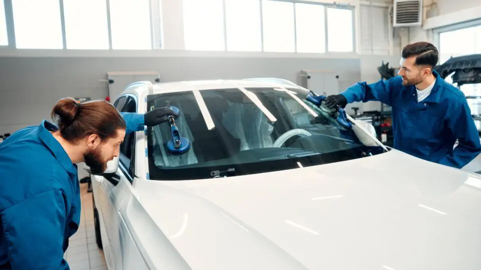 Two men replacing a car windshield
