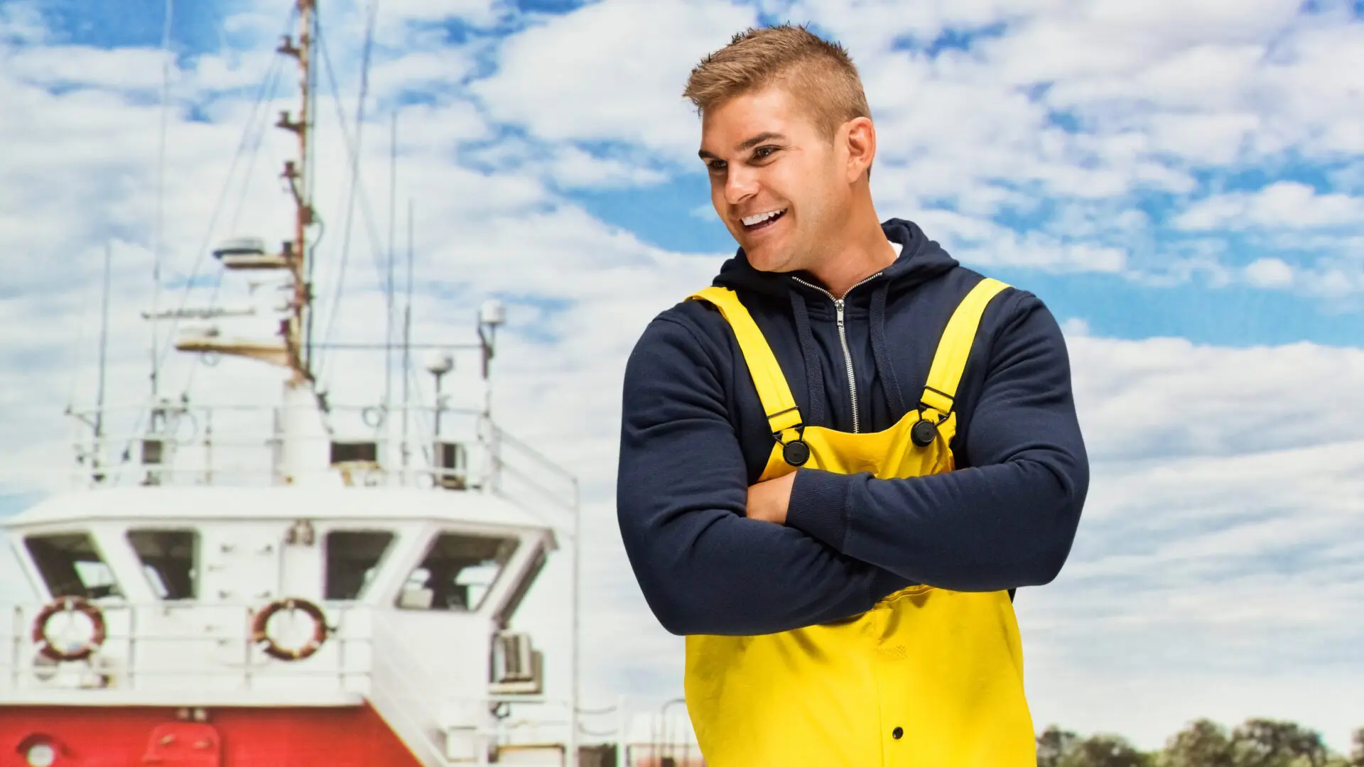 a fisherman in front of a commercial vessel