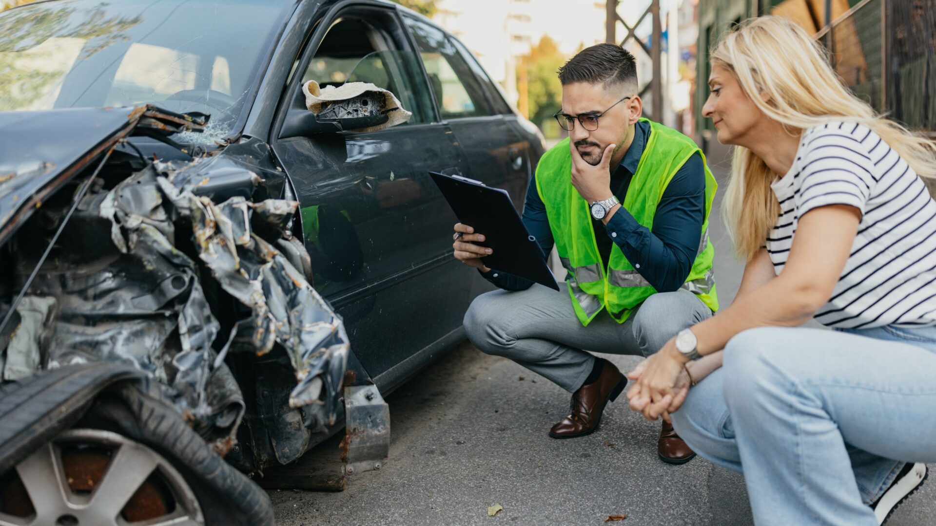 driver in a accident reviewing the damages
